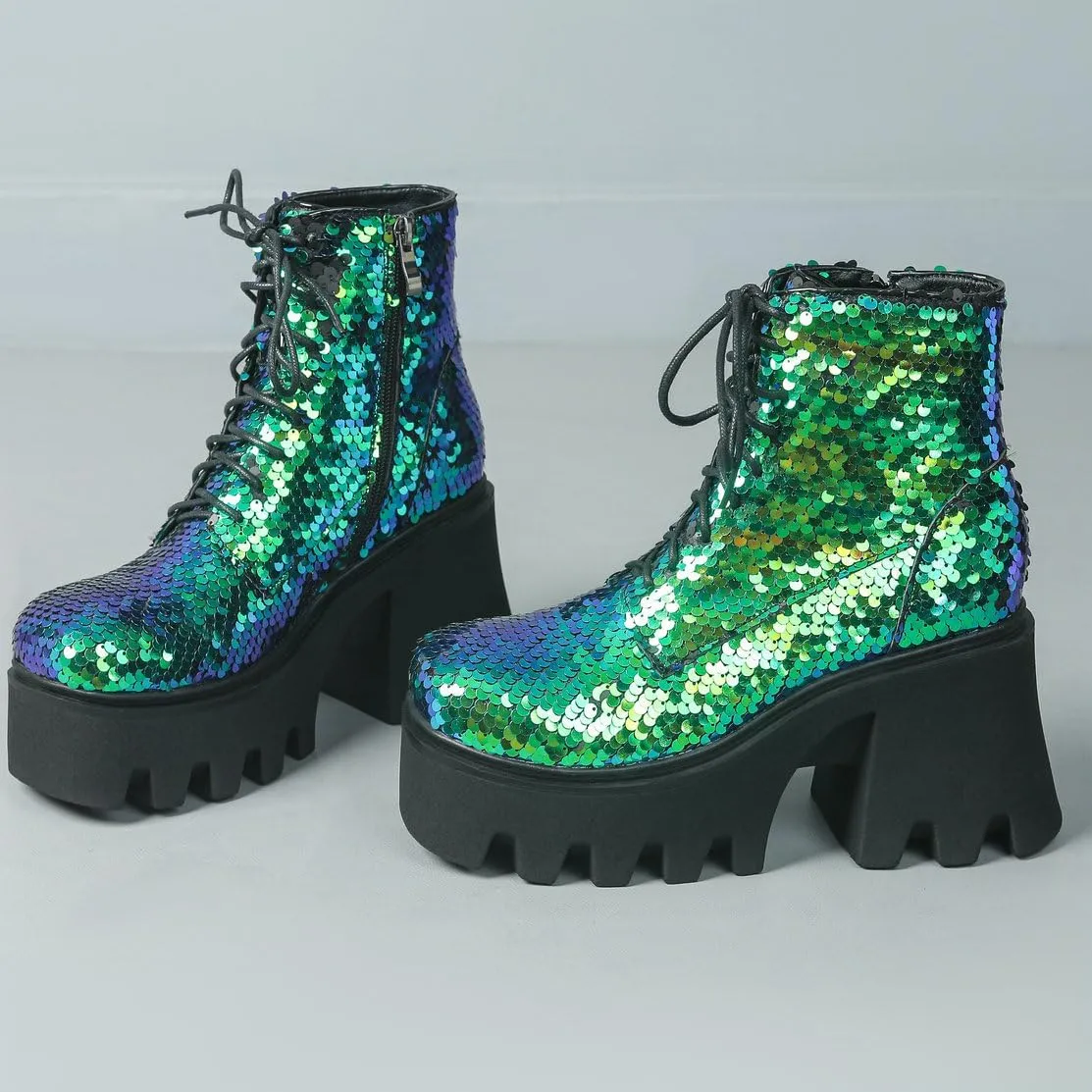 Caradise Womens Lace Up Glitter Combat Boots Chunky Heel Sequin Ankle Booties