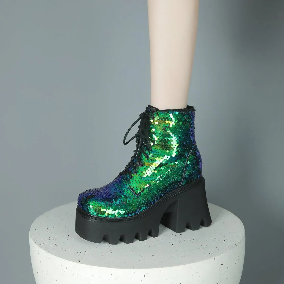 Caradise Womens Lace Up Glitter Combat Boots Chunky Heel Sequin Ankle Booties