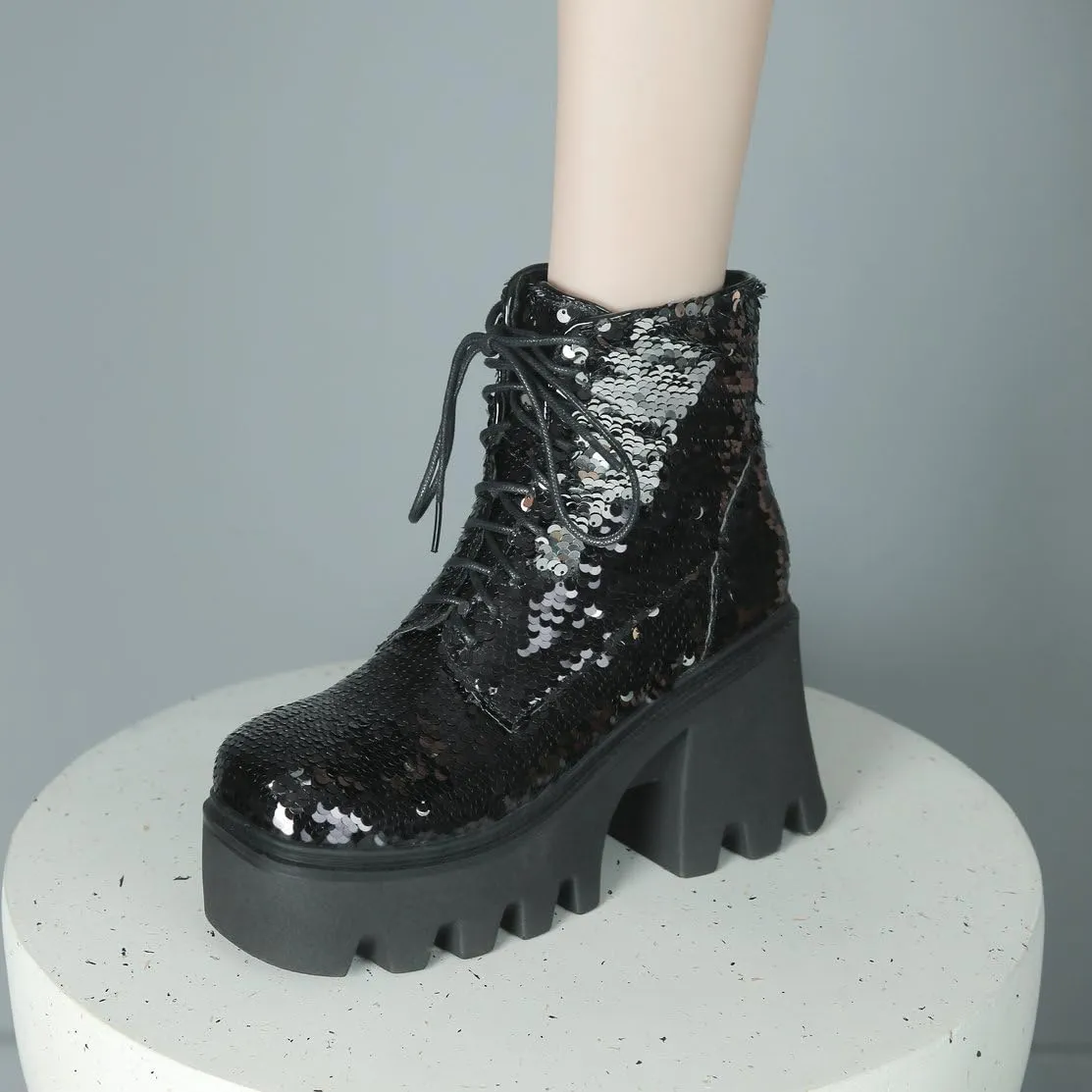 Caradise Womens Lace Up Glitter Combat Boots Chunky Heel Sequin Ankle Booties