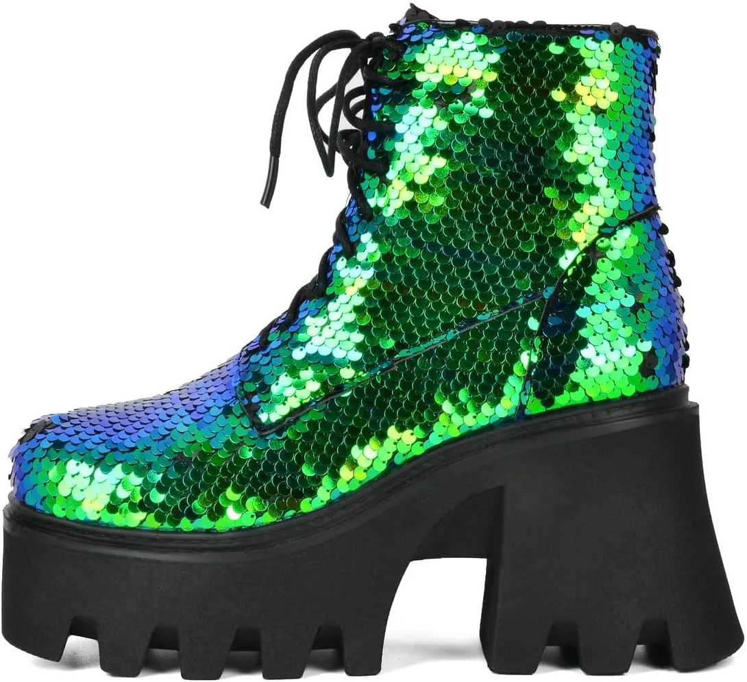 Caradise Womens Lace Up Glitter Combat Boots Chunky Heel Sequin Ankle Booties