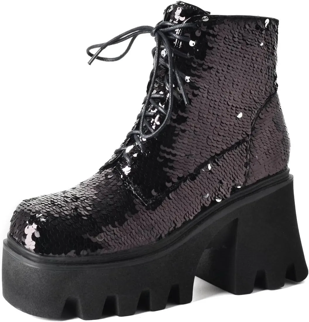 Caradise Womens Lace Up Glitter Combat Boots Chunky Heel Sequin Ankle Booties