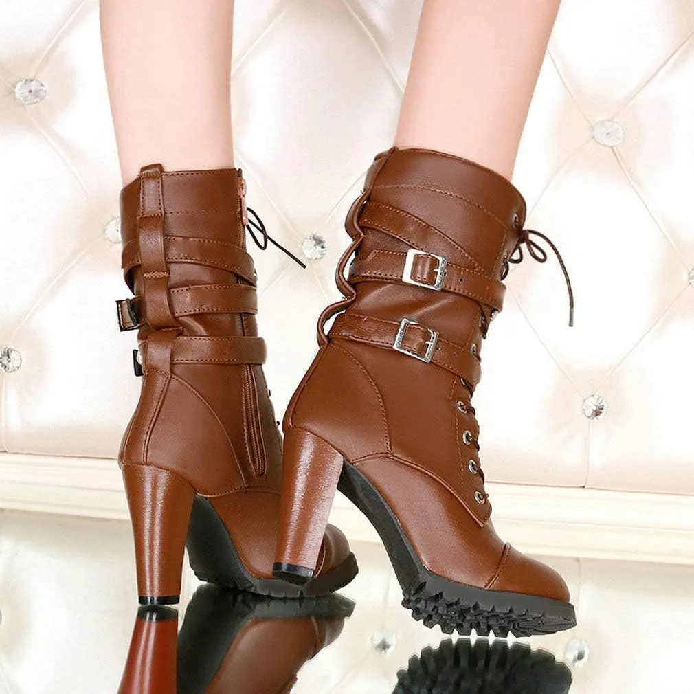 Caradise Womens Lace Up Mid Calf Goth Chunky Heel Combat Boots with Buckles
