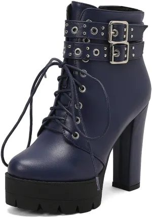 Caradise Womens Lace Up Mid Calf Goth Chunky Heel Combat Boots with Buckles