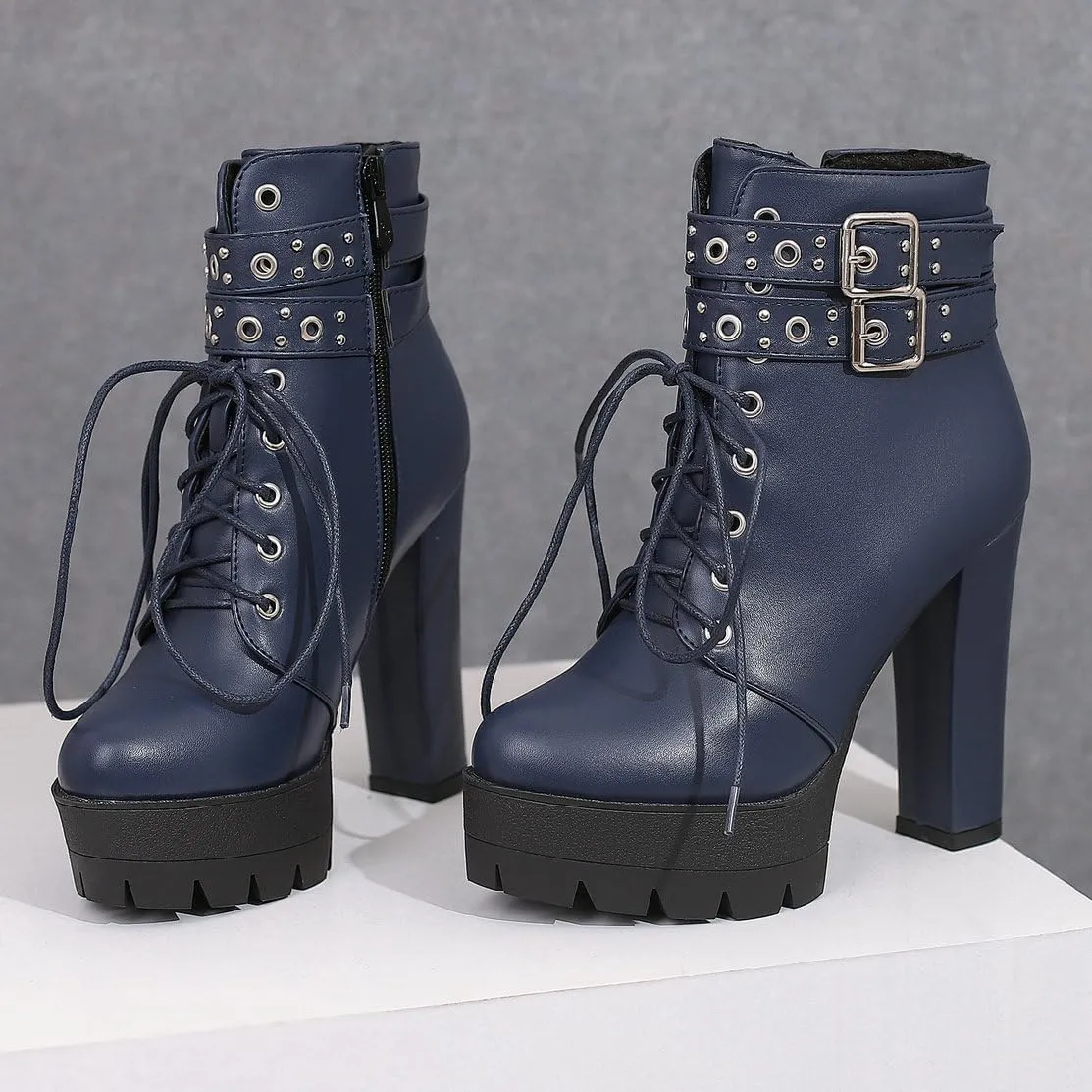 Caradise Womens Lace Up Mid Calf Goth Chunky Heel Combat Boots with Buckles