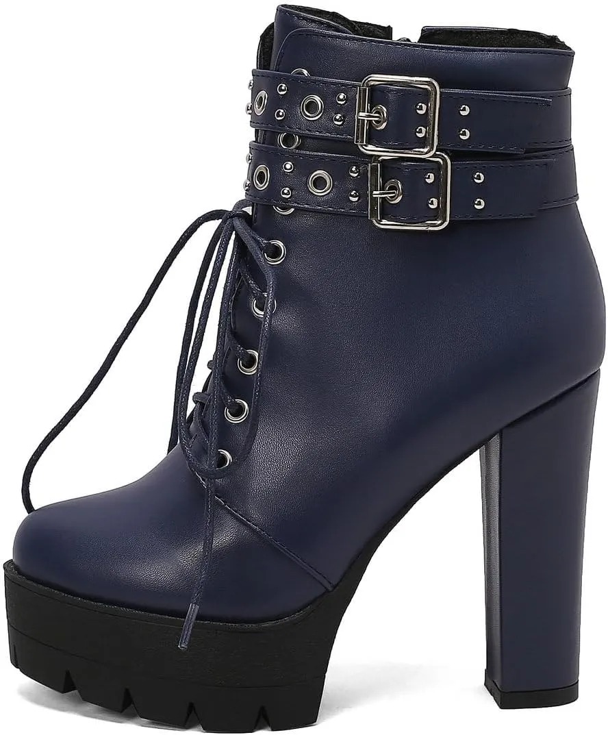 Caradise Womens Lace Up Mid Calf Goth Chunky Heel Combat Boots with Buckles