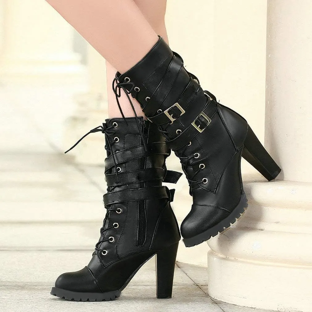 Caradise Womens Lace Up Mid Calf Goth Chunky Heel Combat Boots with Buckles