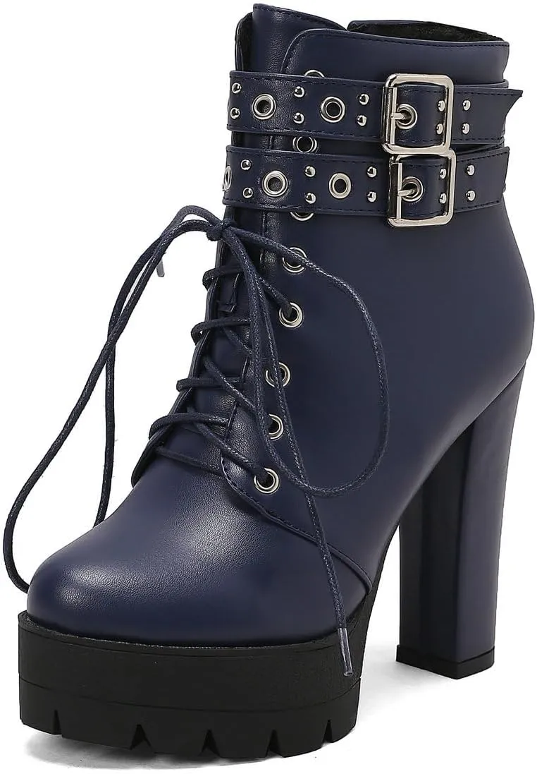 Caradise Womens Lace Up Mid Calf Goth Chunky Heel Combat Boots with Buckles