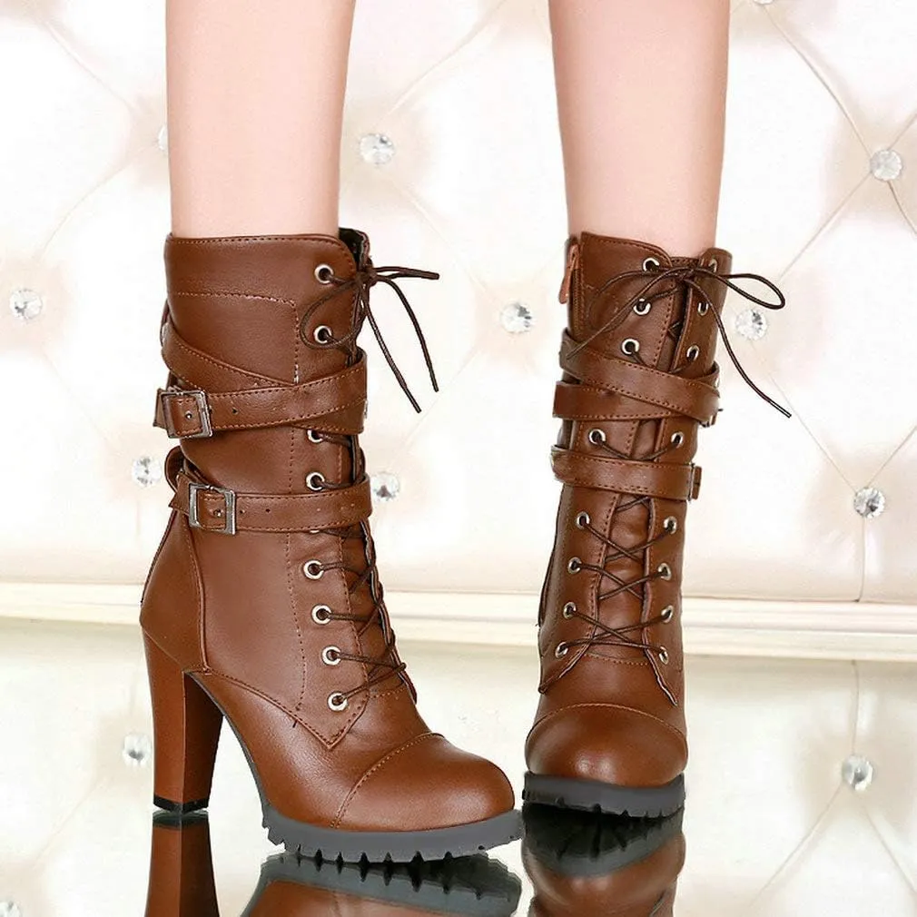 Caradise Womens Lace Up Mid Calf Goth Chunky Heel Combat Boots with Buckles