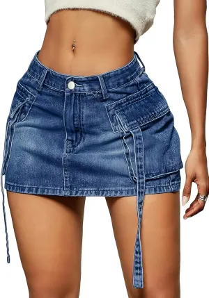 Cargo Skirt Women y2k Button Mini Jeans Skirt Denim Skirt with Pocket Low Waist