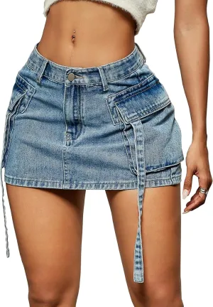 Cargo Skirt Women y2k Button Mini Jeans Skirt Denim Skirt with Pocket Low Waist