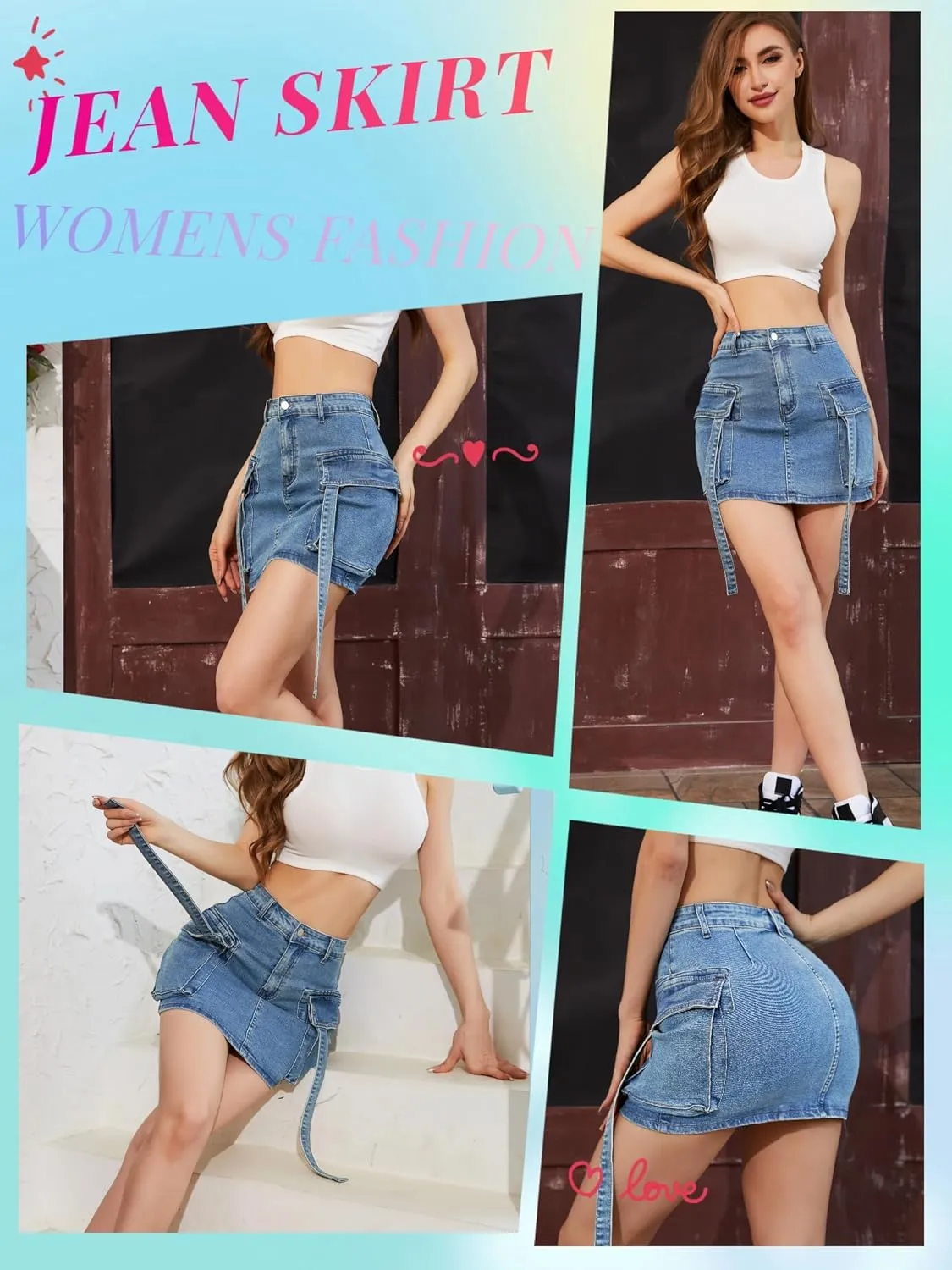 Cargo Skirt Women y2k Button Mini Jeans Skirt Denim Skirt with Pocket Low Waist