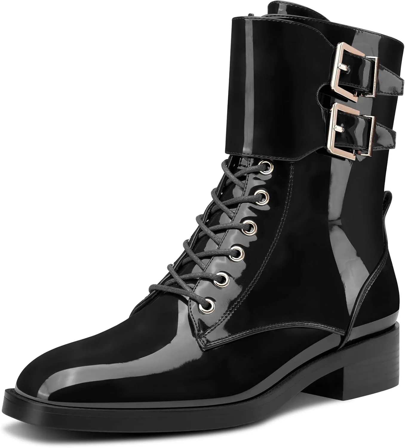 Castamere Womens Chunky Block Low Heel Square Toe Ankle Boots Short Bootie Lace-up Zipper Buckle Casual Dress Patent Leather Boots