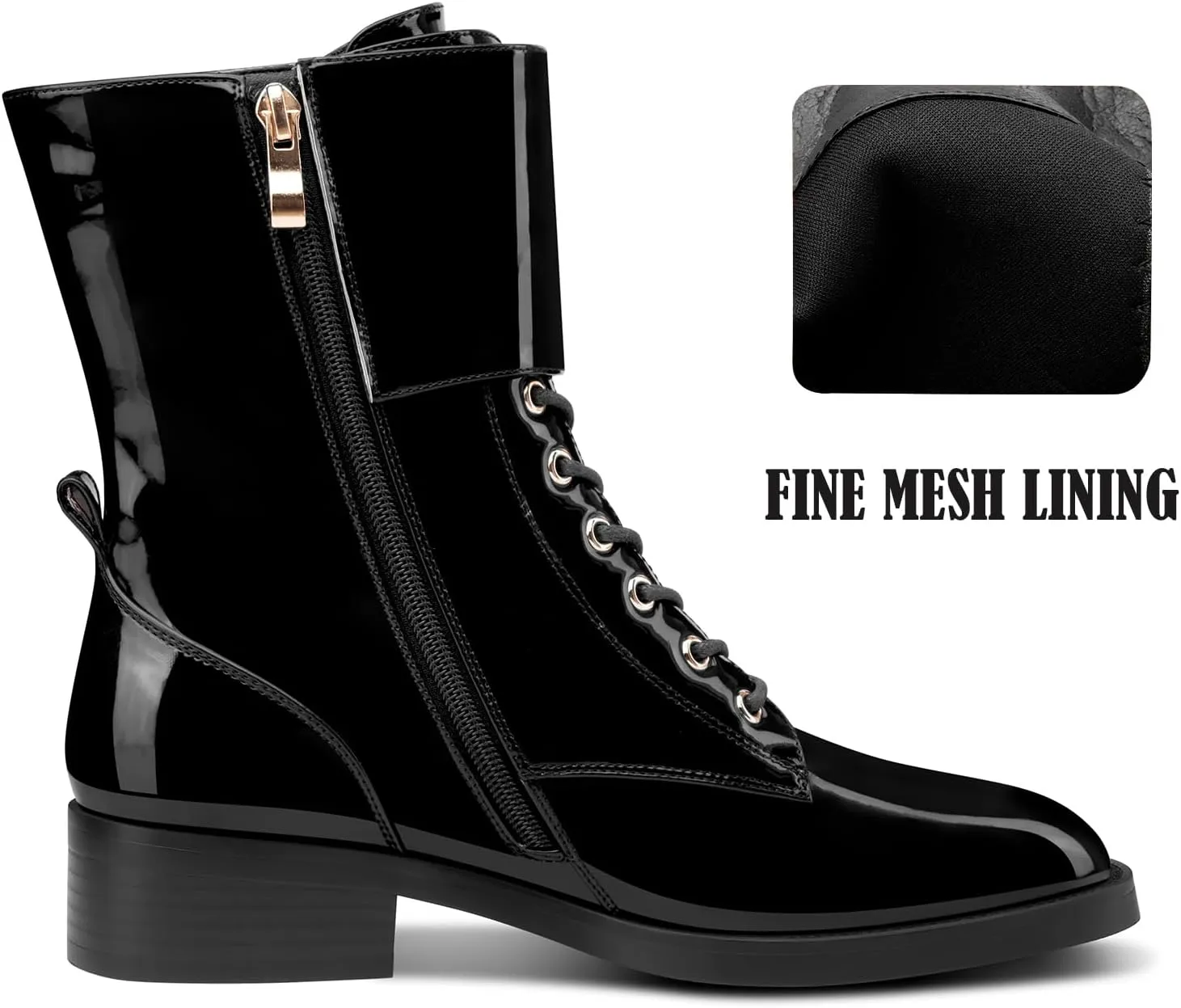Castamere Womens Chunky Block Low Heel Square Toe Ankle Boots Short Bootie Lace-up Zipper Buckle Casual Dress Patent Leather Boots