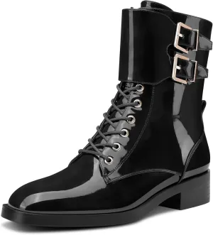 Castamere Womens Chunky Block Low Heel Square Toe Ankle Boots Short Bootie Lace-up Zipper Buckle Casual Dress Patent Leather Boots