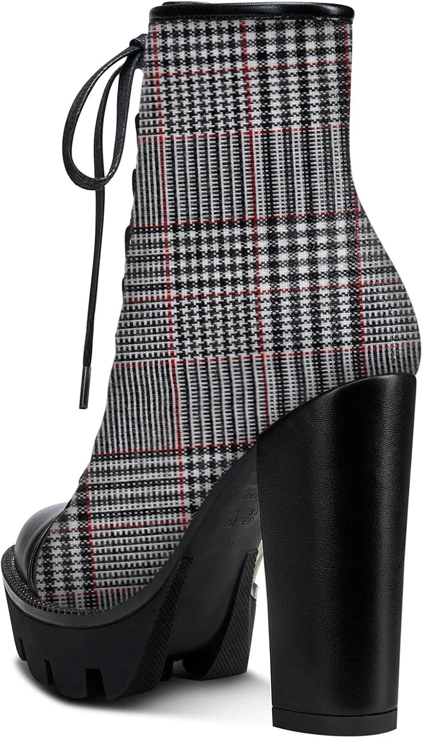 Castamere Womens High Heel Platform Lace Up Booties Chunky Heel Ankle Boots With Zipper Round Toe 12CM Heels