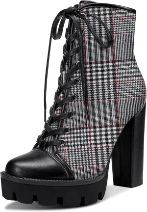 Castamere Womens High Heel Platform Lace Up Booties Chunky Heel Ankle Boots With Zipper Round Toe 12CM Heels