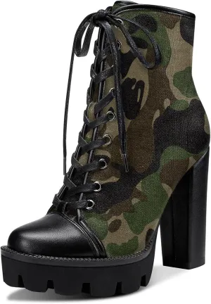Castamere Womens High Heel Platform Lace Up Booties Chunky Heel Ankle Boots With Zipper Round Toe 12CM Heels