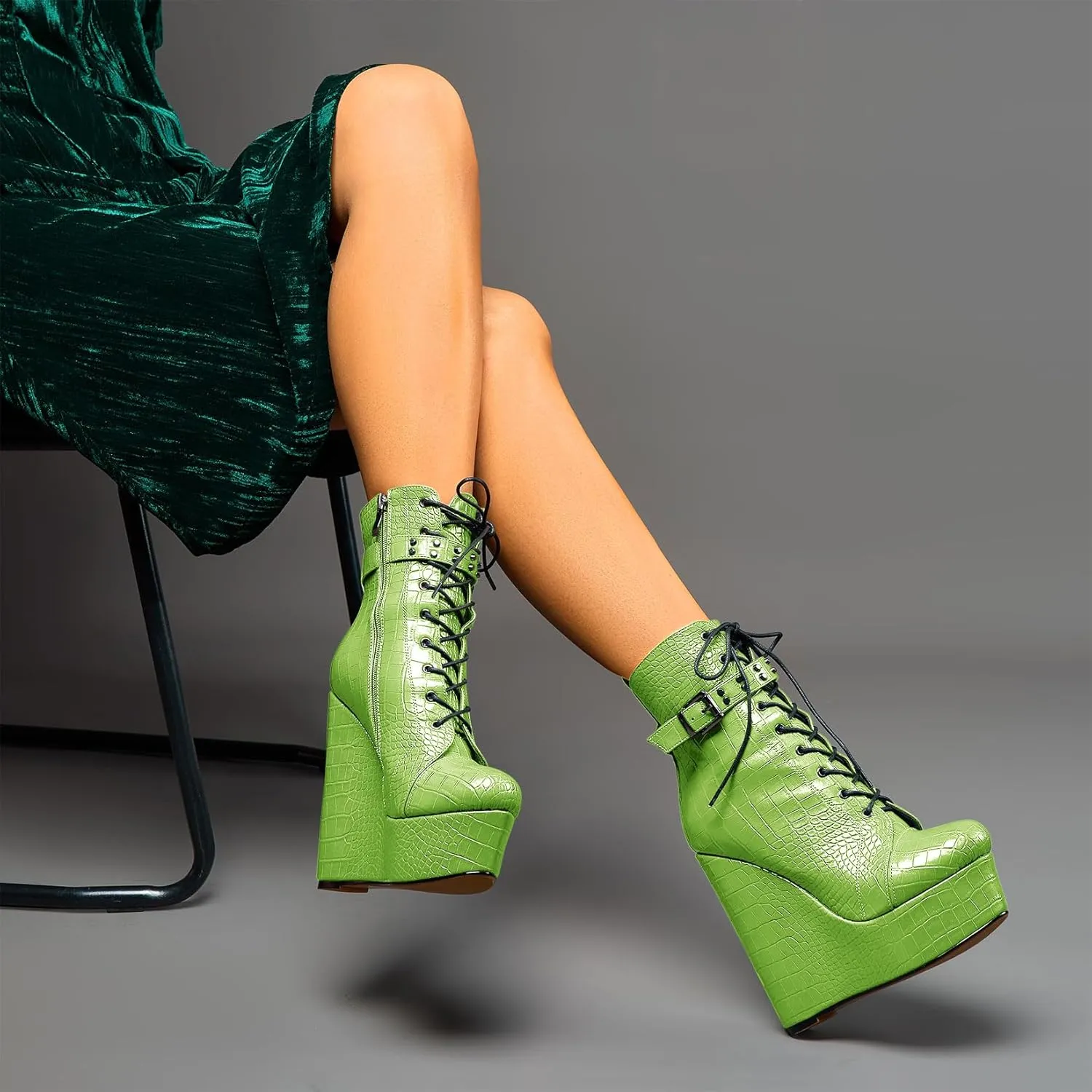 Castamere Womens High Wedge Platform Heel Round Toe Ankle Boots Short Bootie Lace-up Zipper Studded Rivets Sexy 5.9 Inches Heels