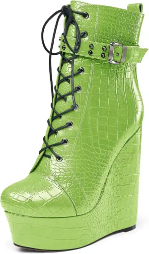 Castamere Womens High Wedge Platform Heel Round Toe Ankle Boots Short Bootie Lace-up Zipper Studded Rivets Sexy 5.9 Inches Heels