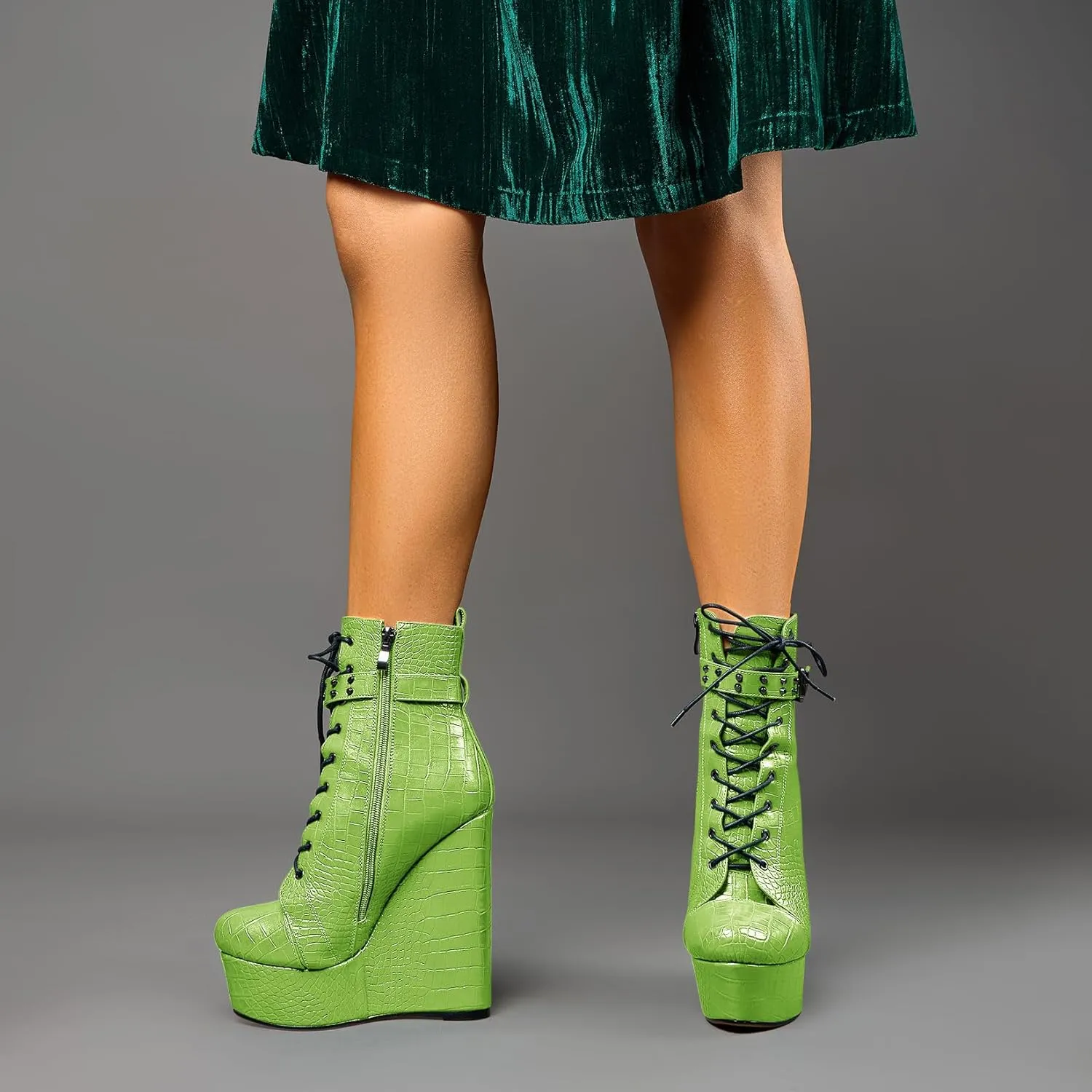 Castamere Womens High Wedge Platform Heel Round Toe Ankle Boots Short Bootie Lace-up Zipper Studded Rivets Sexy 5.9 Inches Heels