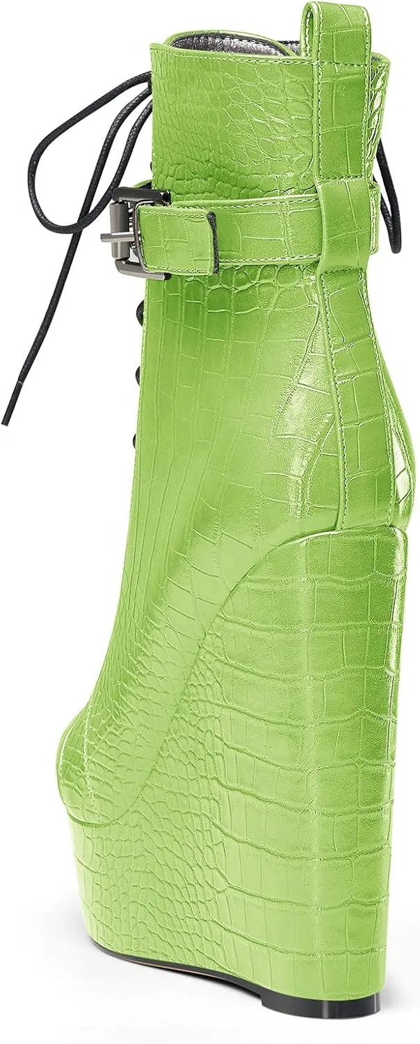 Castamere Womens High Wedge Platform Heel Round Toe Ankle Boots Short Bootie Lace-up Zipper Studded Rivets Sexy 5.9 Inches Heels