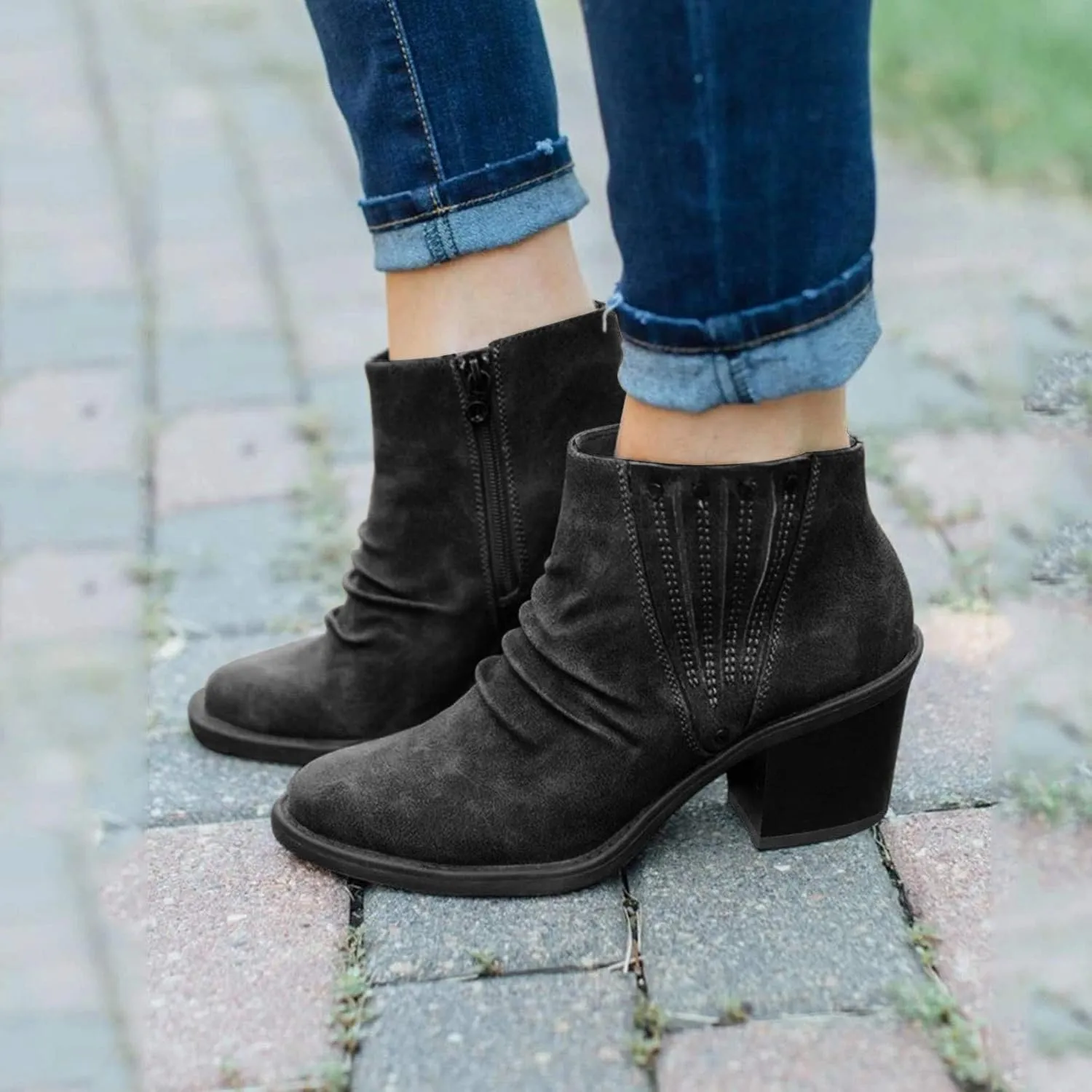 Cathalem Ankle Boots for Women, Booties for Women Low Heel V Cut Flat Ankle Boots Comfort Cowboy Combat Boots