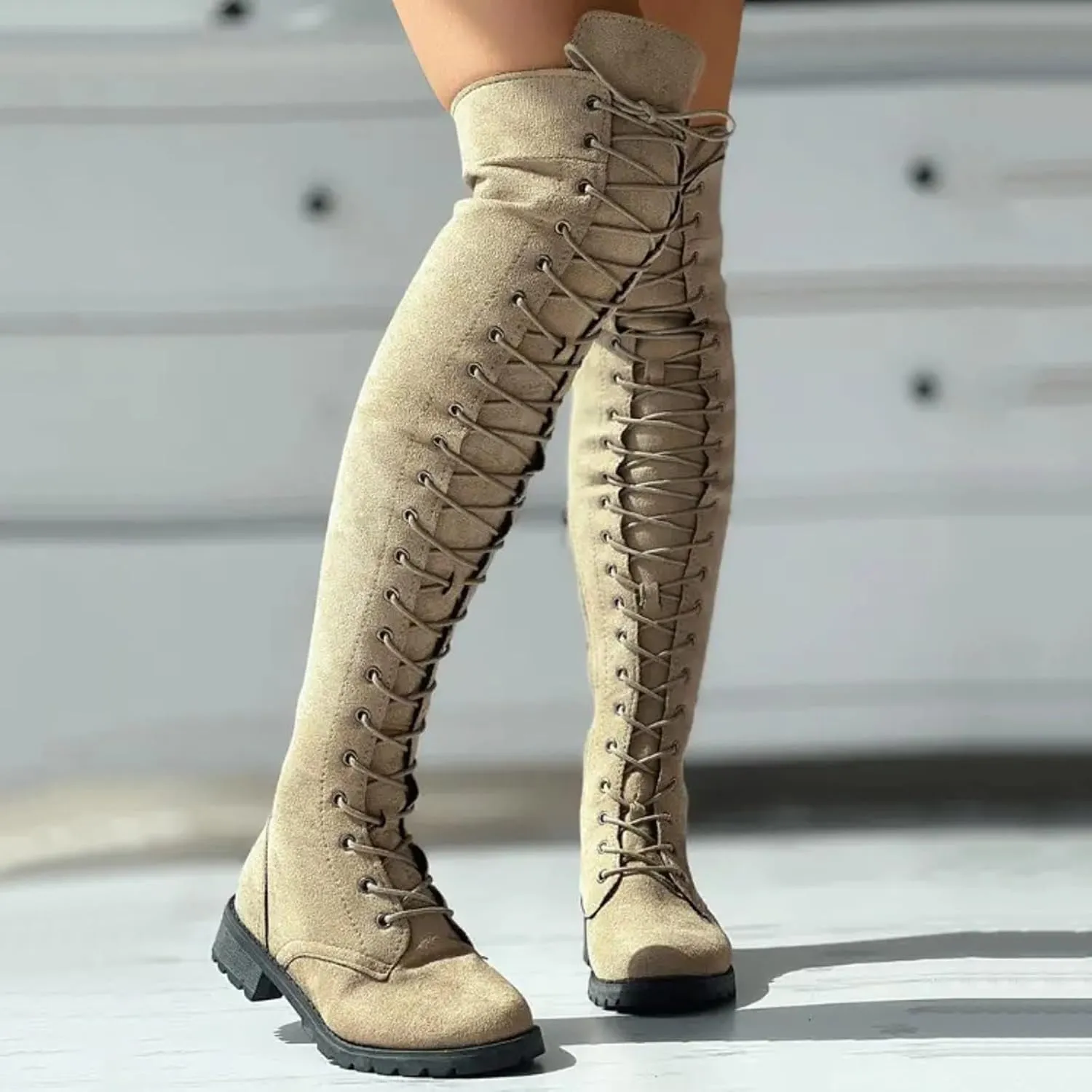 Cathalem Over the Knee Boots for Women Platform Thigh High Boots Chunky Heel Knee High Boots Round Toe Stretch Boots