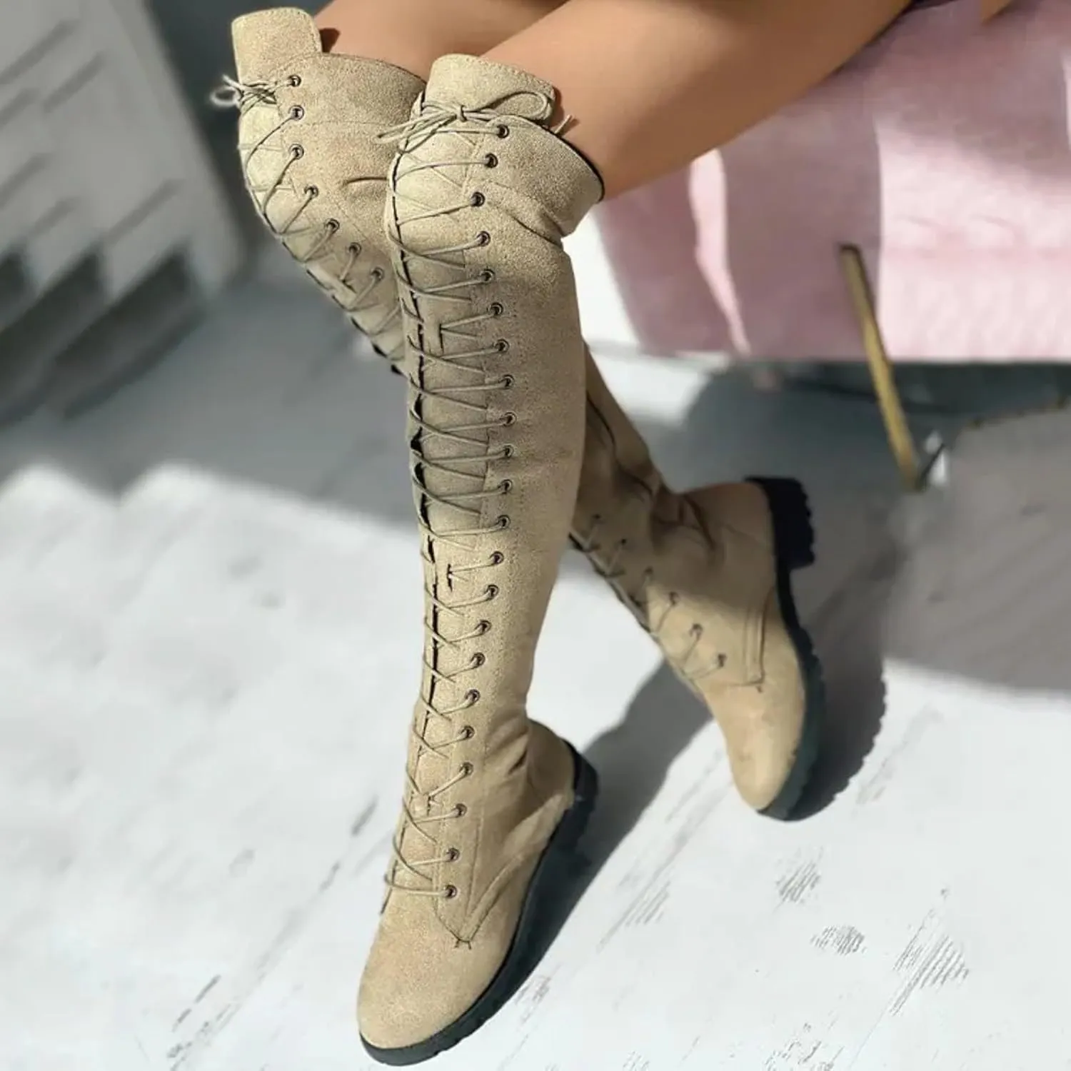Cathalem Over the Knee Boots for Women Platform Thigh High Boots Chunky Heel Knee High Boots Round Toe Stretch Boots
