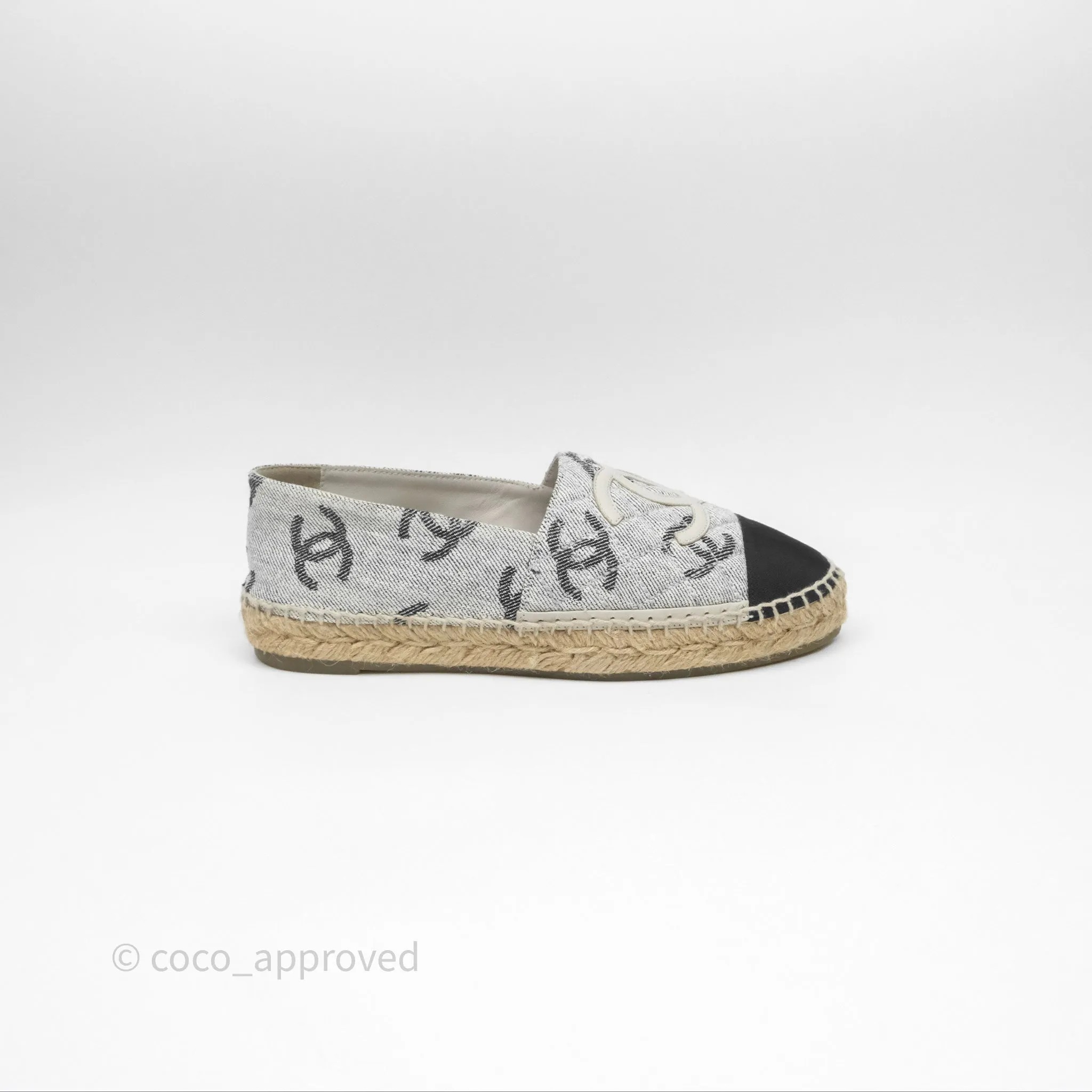 Chanel CC Espadrilles in Grey Cotton Jacquard Black Grosgrain 22S Size 38