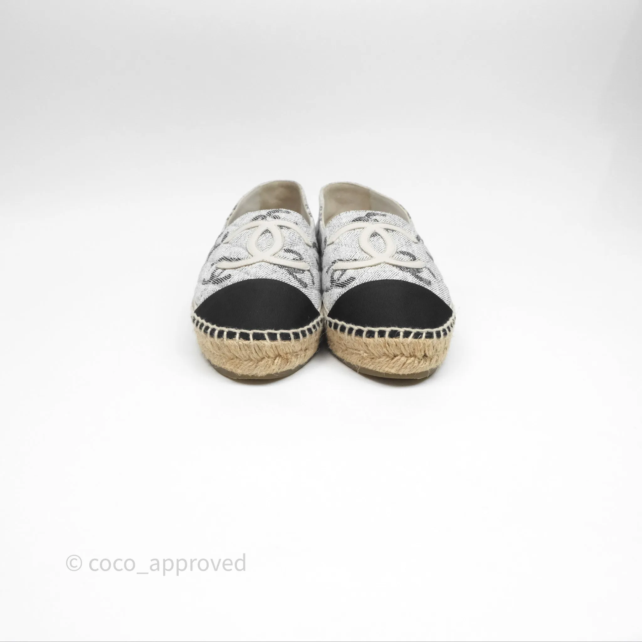 Chanel CC Espadrilles in Grey Cotton Jacquard Black Grosgrain 22S Size 38