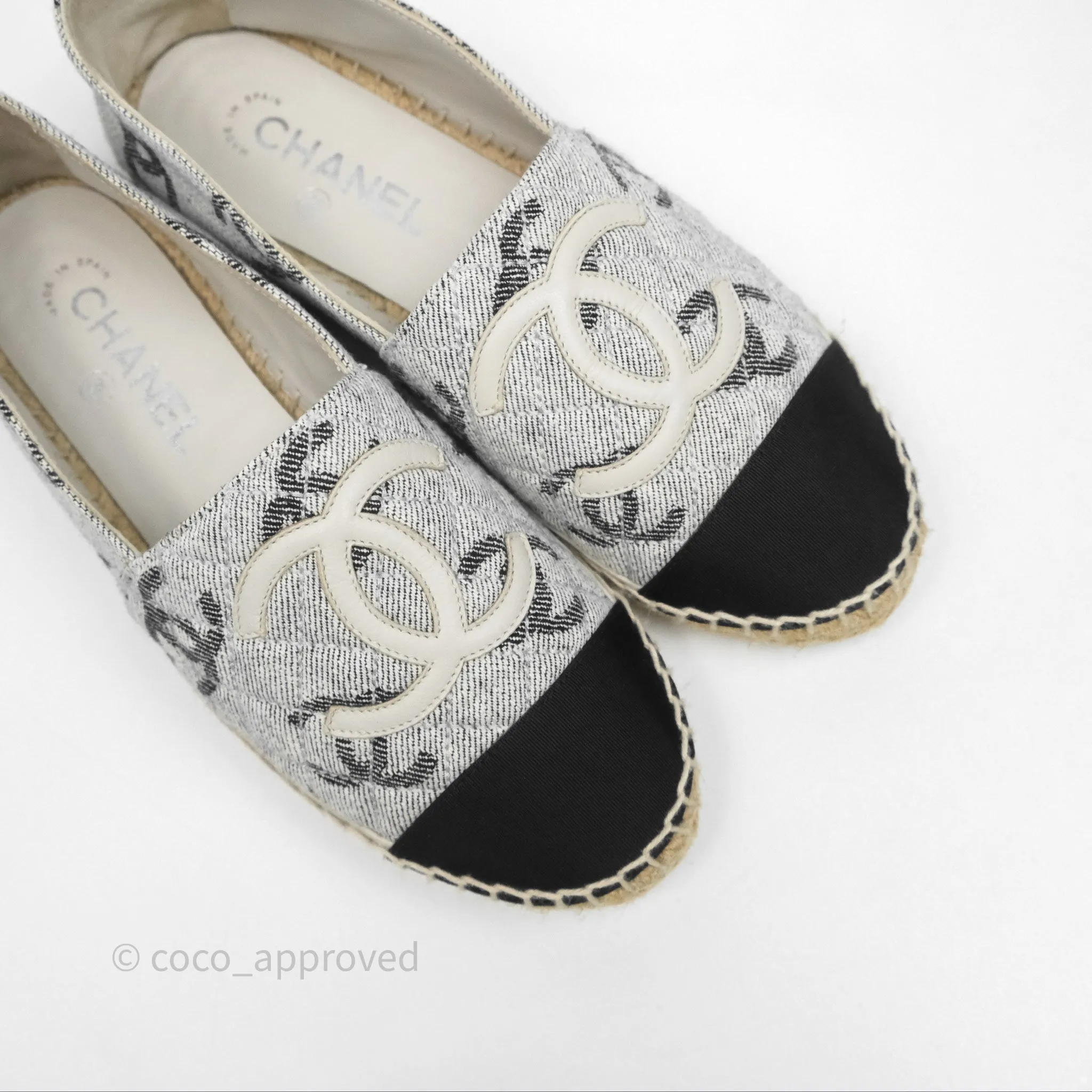 Chanel CC Espadrilles in Grey Cotton Jacquard Black Grosgrain 22S Size 38
