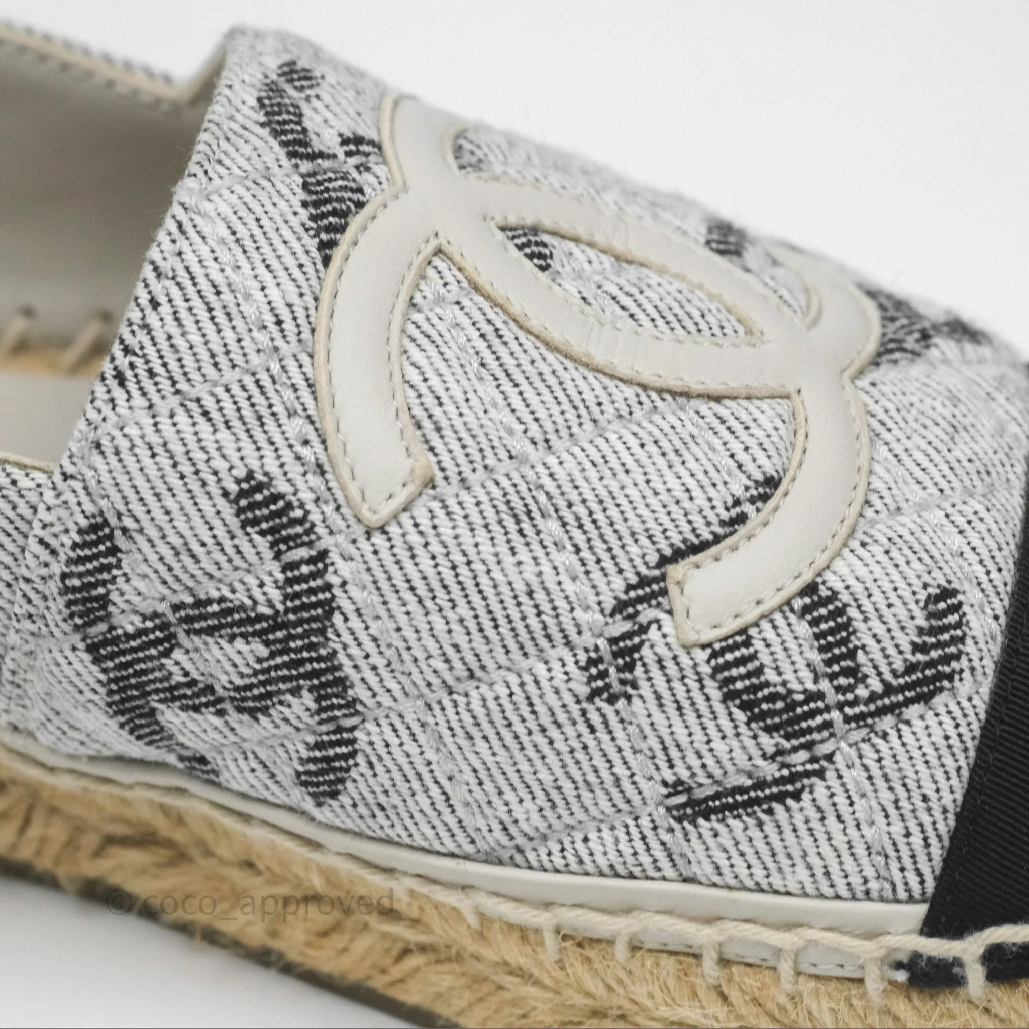 Chanel CC Espadrilles in Grey Cotton Jacquard Black Grosgrain 22S Size 38