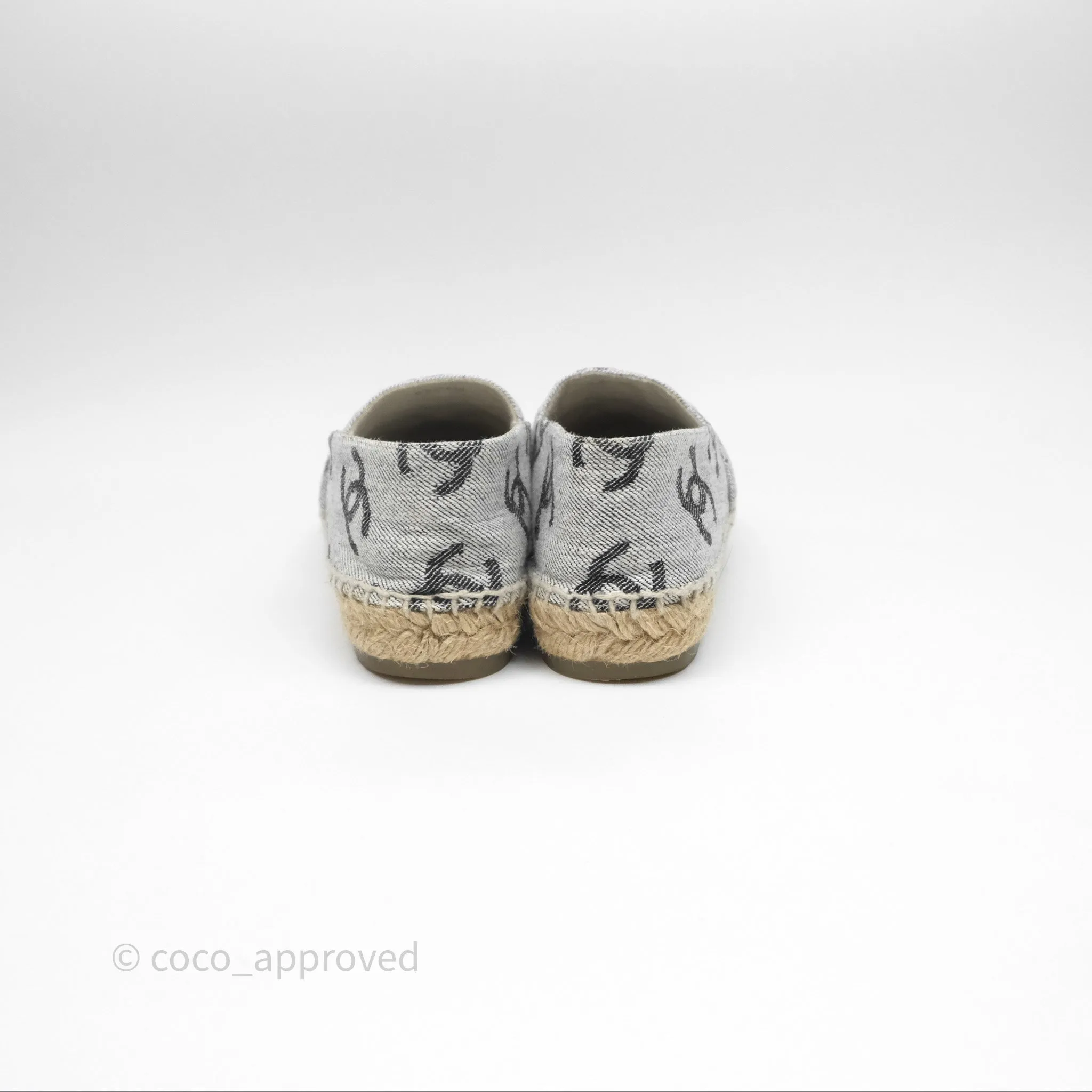 Chanel CC Espadrilles in Grey Cotton Jacquard Black Grosgrain 22S Size 38