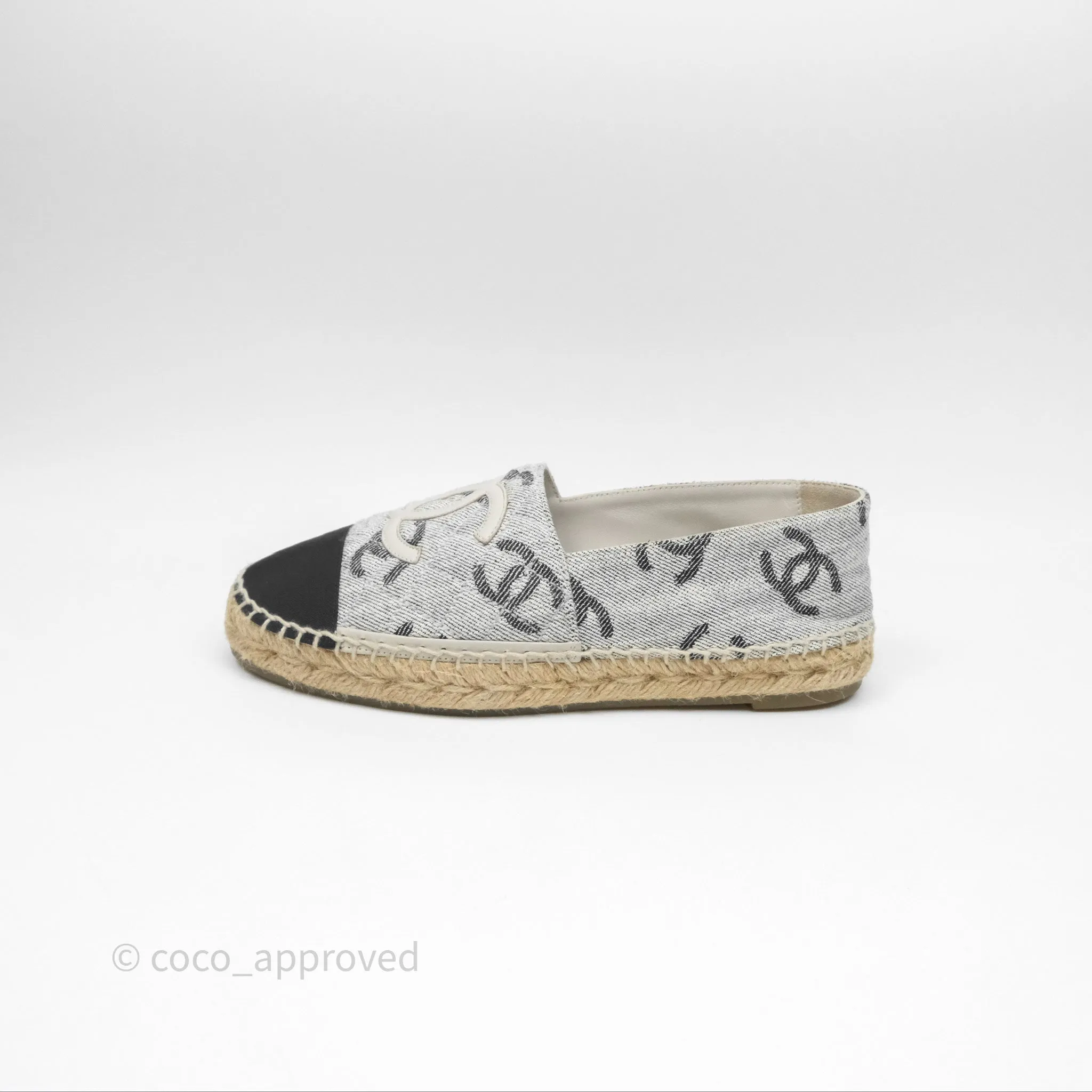 Chanel CC Espadrilles in Grey Cotton Jacquard Black Grosgrain 22S Size 38