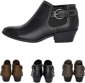Chariot & Co: Kiki - Womens Western Chelsea Round Toe Ankle Boots - Adjustable Buckle Stacked Heel Booties