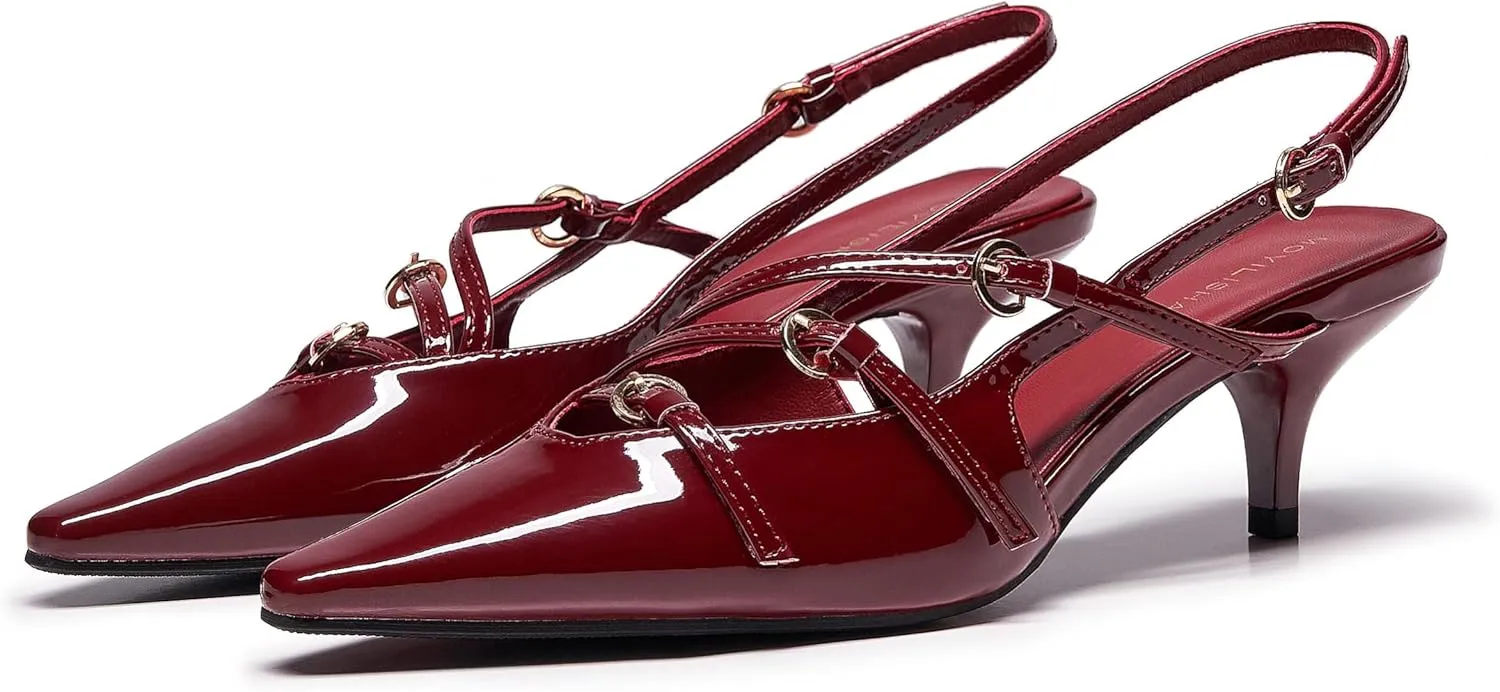 Cherry Red Heels for Women Closed Pointed Toe Slingback Pumps Buckled Strap Kitten Heel Dress Heeled Shoes