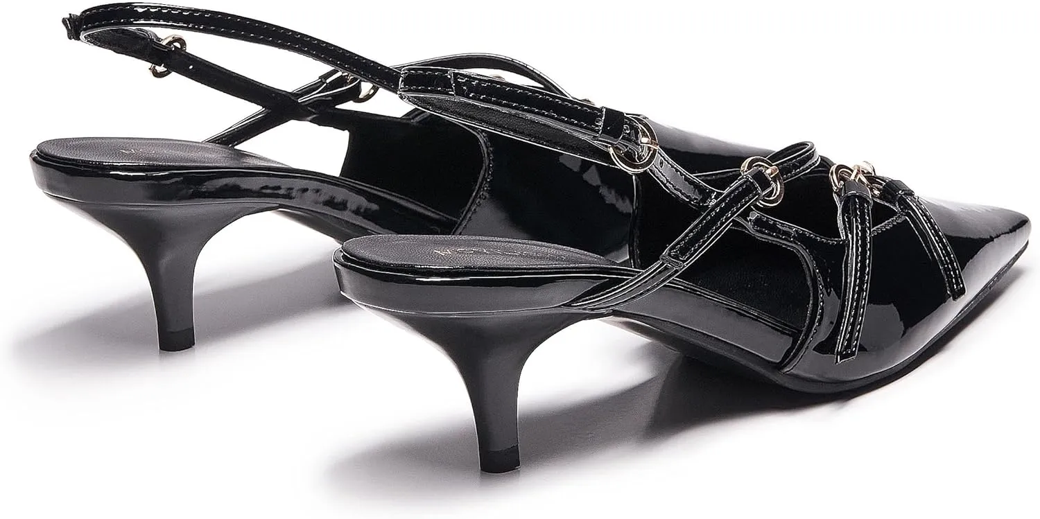 Cherry Red Heels for Women Closed Pointed Toe Slingback Pumps Buckled Strap Kitten Heel Dress Heeled Shoes