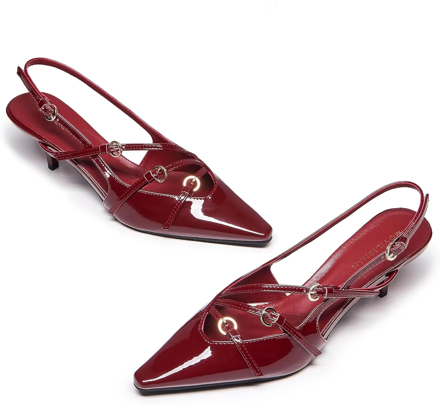 Cherry Red Heels for Women Closed Pointed Toe Slingback Pumps Buckled Strap Kitten Heel Dress Heeled Shoes