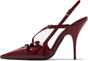 Cherry Red Heels for Women Closed Pointed Toe Slingback Pumps Buckled Strap Kitten Heel Dress Heeled Shoes