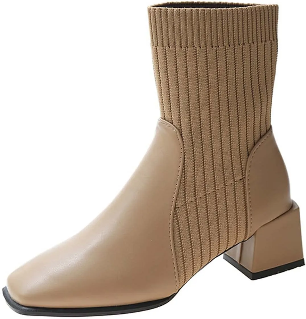Chunky Ankle Boots for Women 2022 Fashion Square Toe Knit Socks Patchwork Slip on Block High Heel Booties Solid Stretch Casual Ladies Shoes
