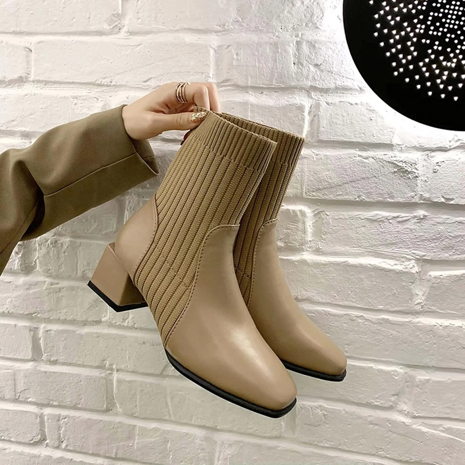 Chunky Ankle Boots for Women 2022 Fashion Square Toe Knit Socks Patchwork Slip on Block High Heel Booties Solid Stretch Casual Ladies Shoes