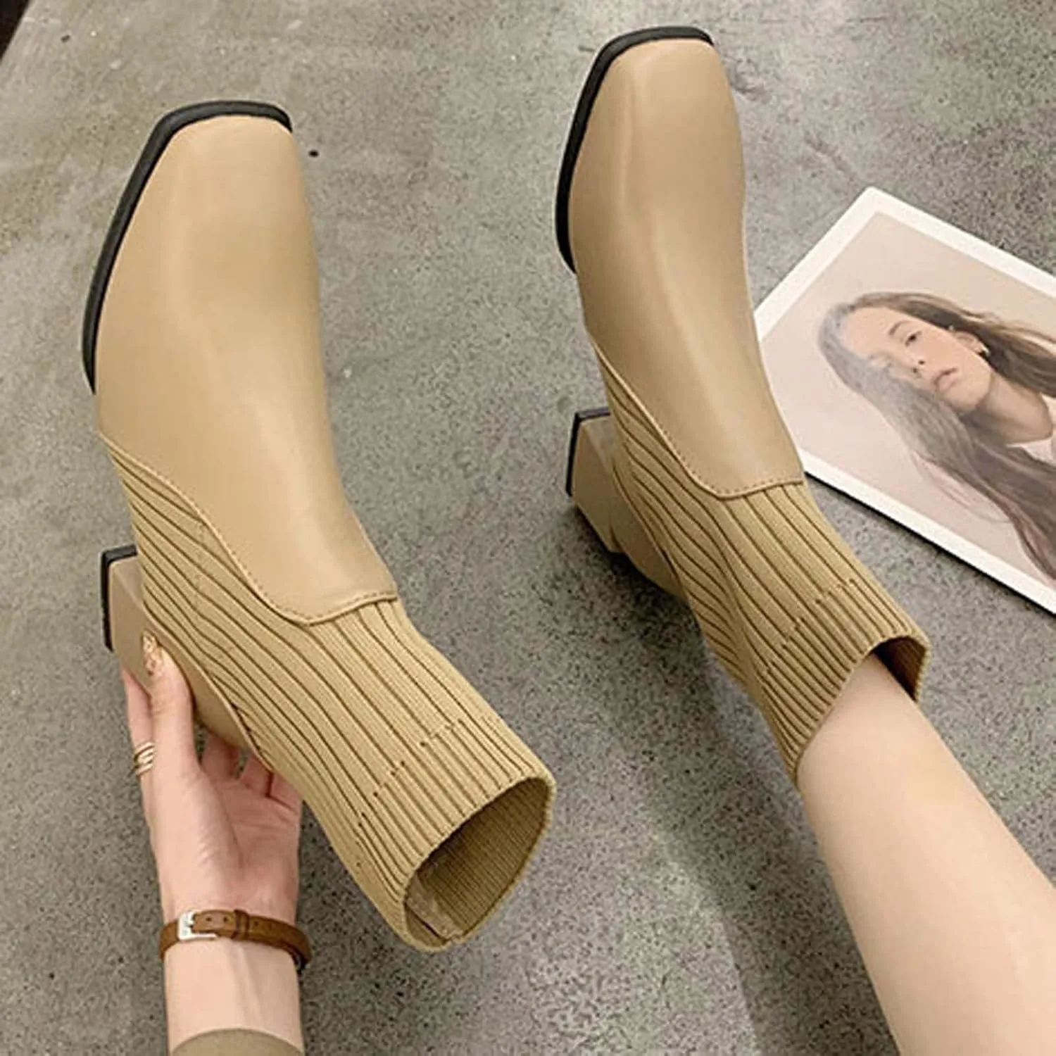 Chunky Ankle Boots for Women 2022 Fashion Square Toe Knit Socks Patchwork Slip on Block High Heel Booties Solid Stretch Casual Ladies Shoes