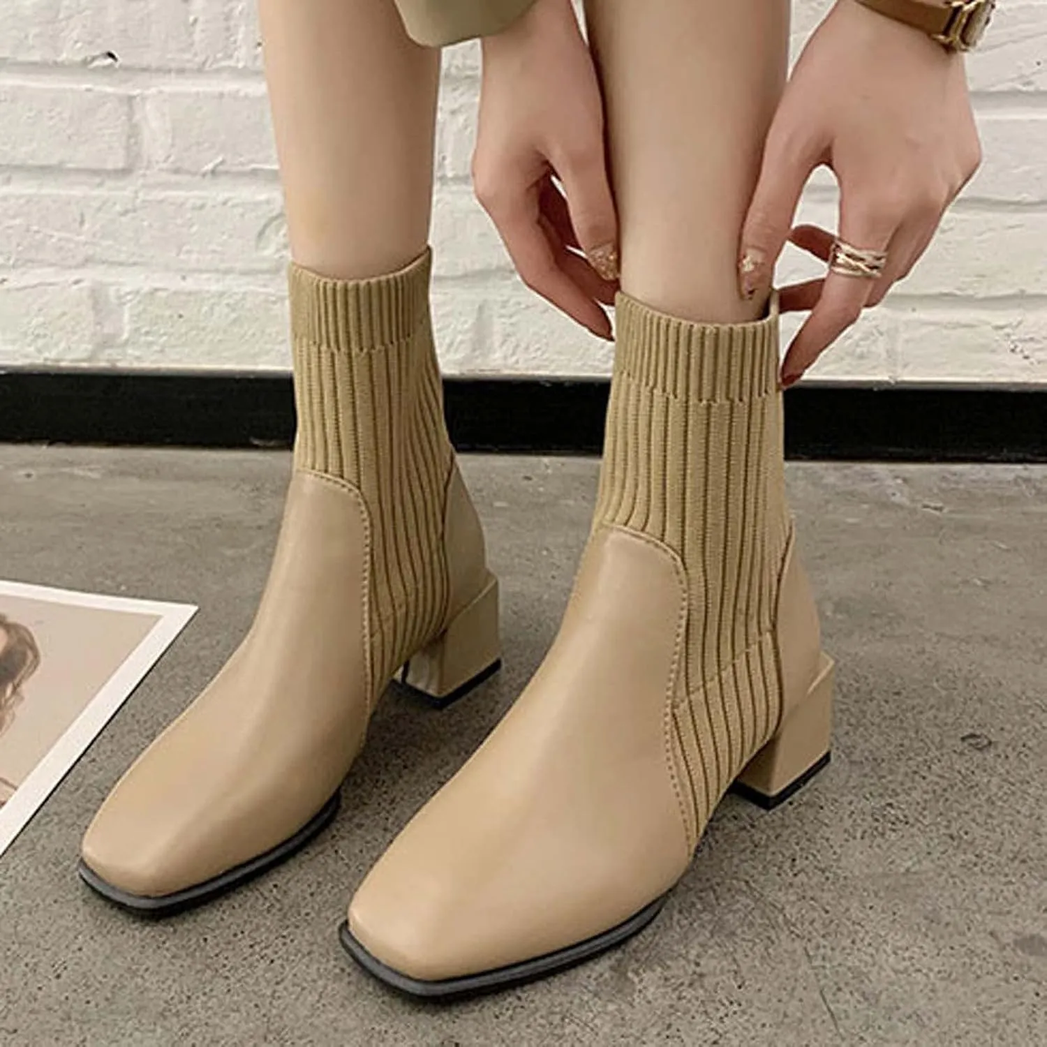 Chunky Ankle Boots for Women 2022 Fashion Square Toe Knit Socks Patchwork Slip on Block High Heel Booties Solid Stretch Casual Ladies Shoes