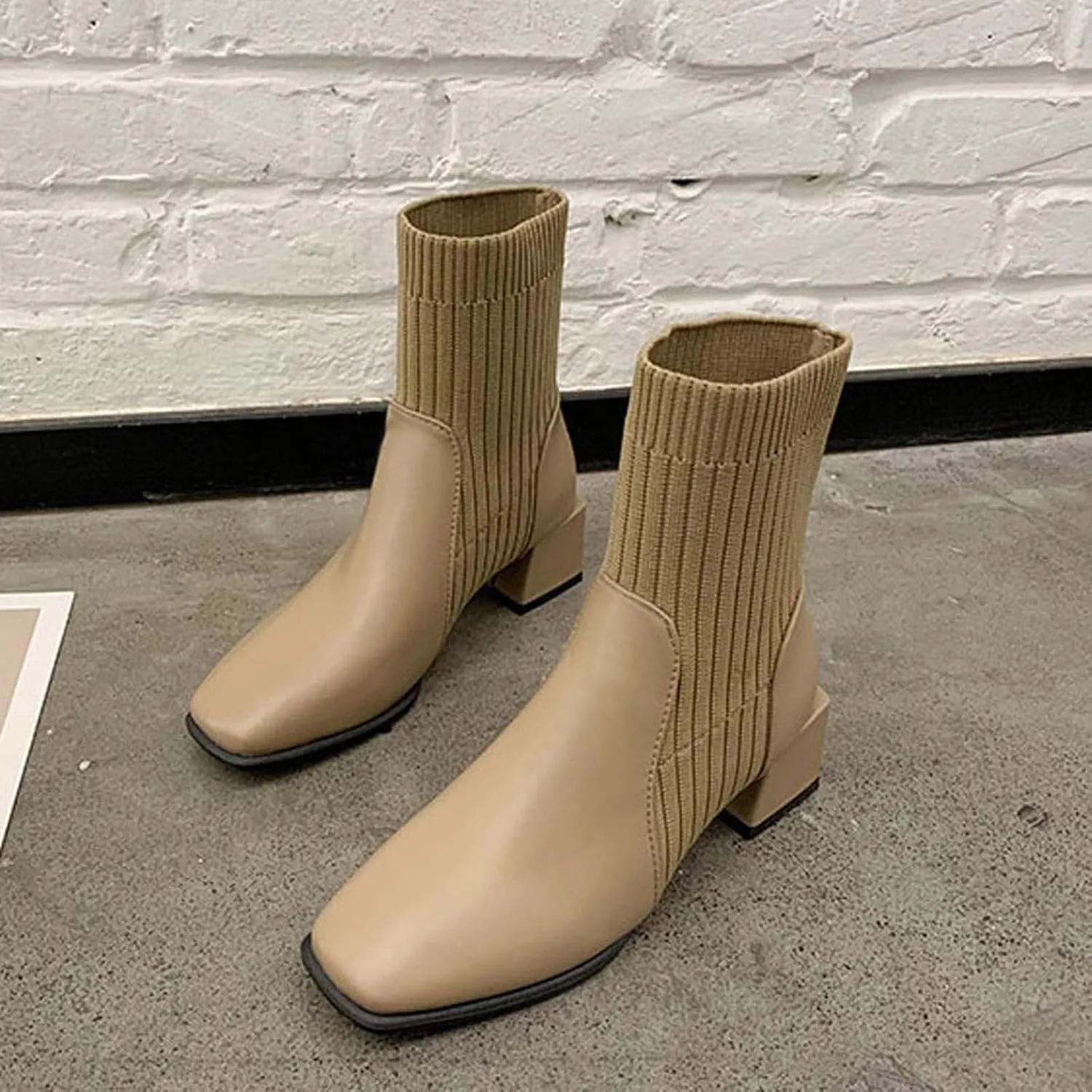 Chunky Ankle Boots for Women 2022 Fashion Square Toe Knit Socks Patchwork Slip on Block High Heel Booties Solid Stretch Casual Ladies Shoes