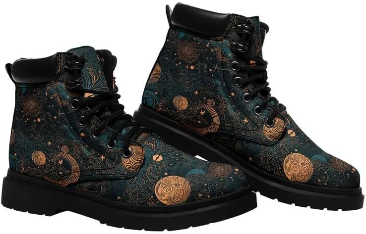 Cosmic Combat Ankle Boots, Sun Moon Celestial Bodies Mystical Symbols Inspired Lace-up Motorcycle Booties