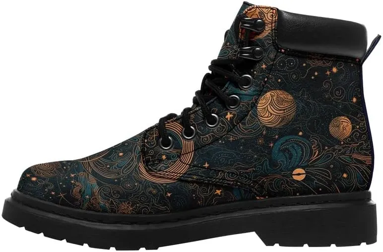 Cosmic Combat Ankle Boots, Sun Moon Celestial Bodies Mystical Symbols Inspired Lace-up Motorcycle Booties