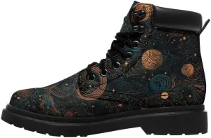 Cosmic Combat Ankle Boots, Sun Moon Celestial Bodies Mystical Symbols Inspired Lace-up Motorcycle Booties