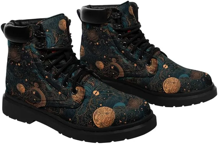 Cosmic Combat Ankle Boots, Sun Moon Celestial Bodies Mystical Symbols Inspired Lace-up Motorcycle Booties