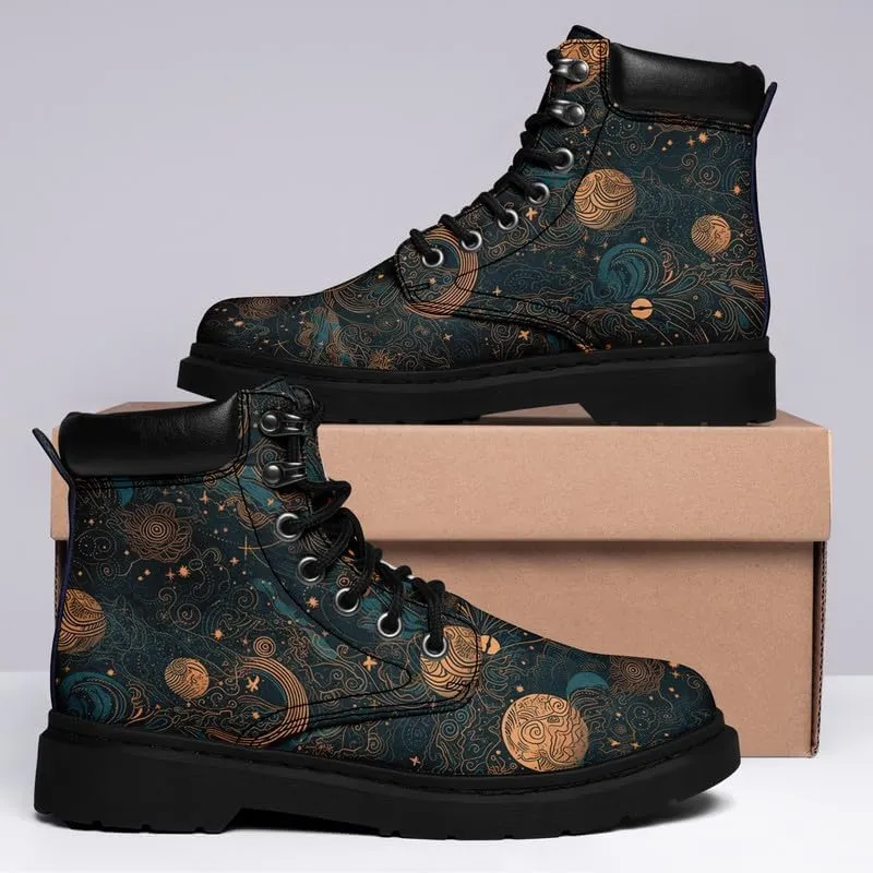 Cosmic Combat Ankle Boots, Sun Moon Celestial Bodies Mystical Symbols Inspired Lace-up Motorcycle Booties