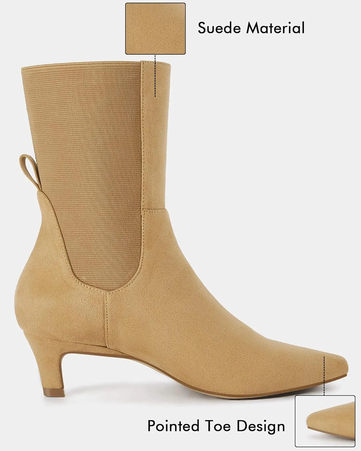 Coutgo Womens Chelsea Boots Mid Calf Low Kitten Heel Suede Pointed Toe Stretch Fall Fashion Dressy Booties